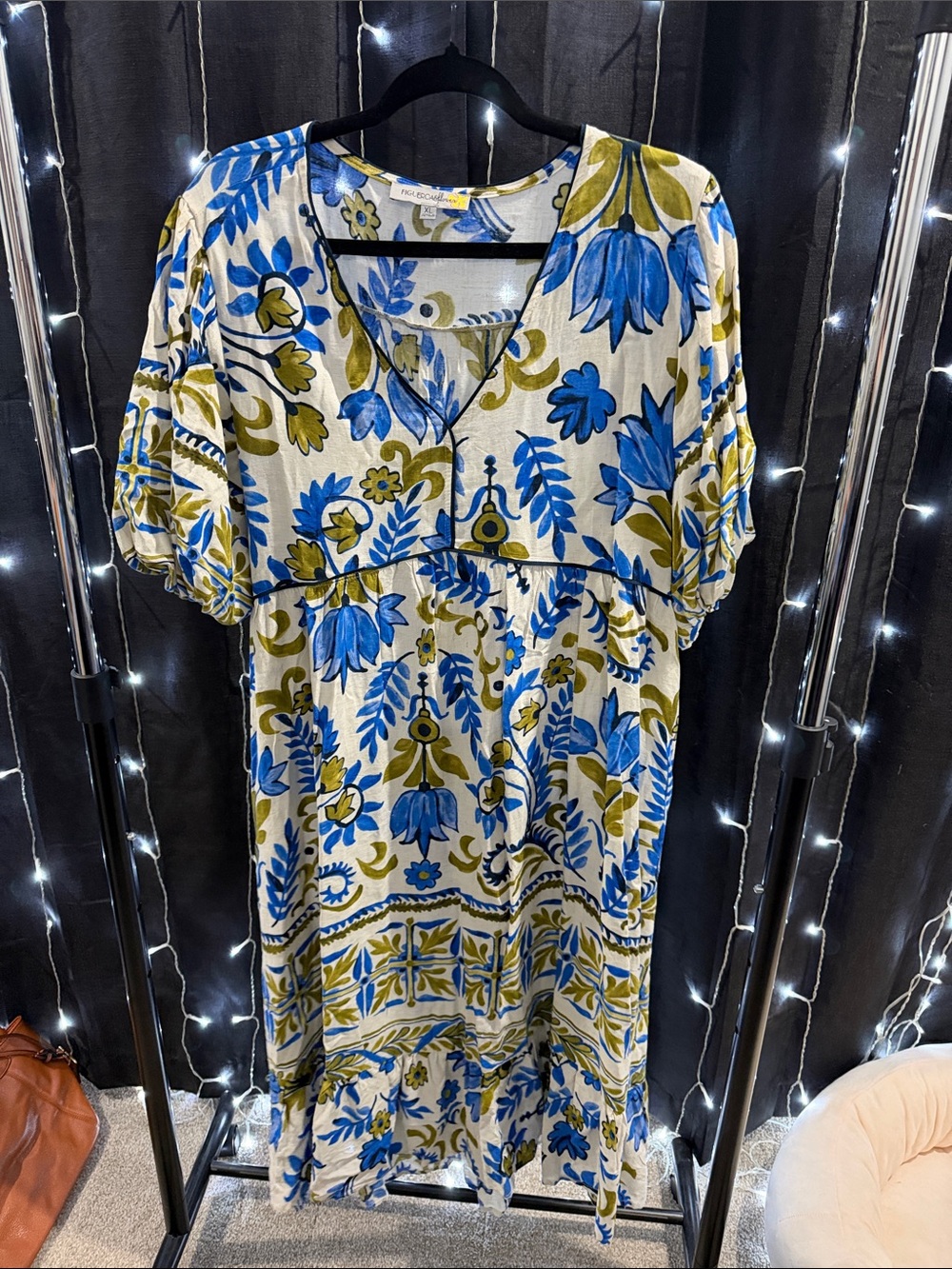 Blue and Olive Floral V-Neck Midi Dress by Peace & Chaos